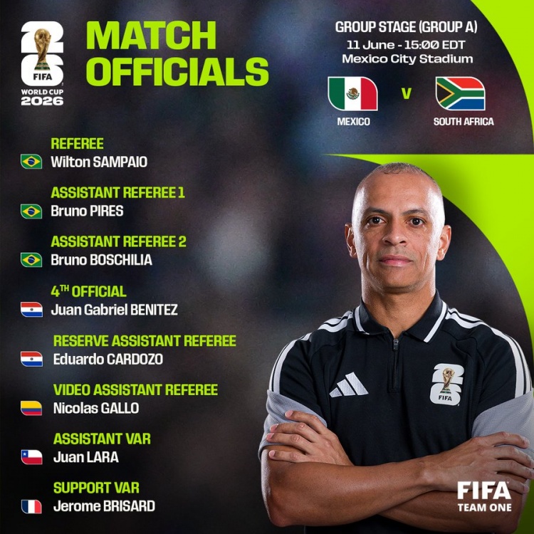 桑帕约执法世界杯揭幕战 巴西裁判组统管墨西哥VS南非 VAR加洛坐镇