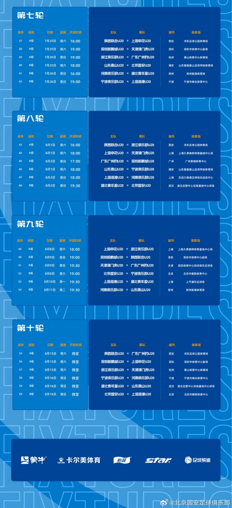 北京国安U20第二阶段主客场赛程公布,抖音全程直播 北京国安U20第二阶段主客场赛程公布,抖音全程直播
